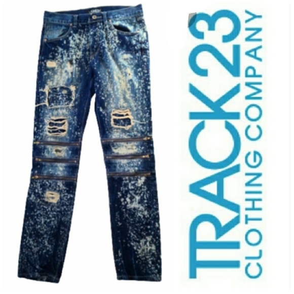 Track 23 Mens Moto Jeans Bleach Dyed W 